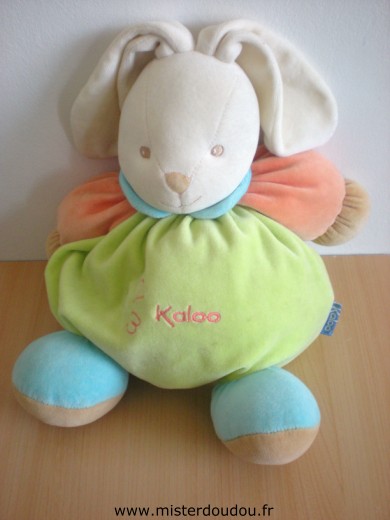 Doudou peluche lapin boule, jaune bleu rouge, bandana rouge, Kaloo - sos  doudou perdu, www.doudoupeluche.fr