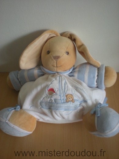 Doudou Lapin Kaloo Blanc bleu clair  avec un bateau et personnage enfant et ours brodés 