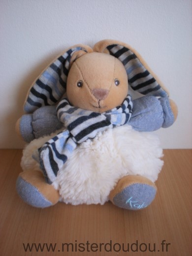 Doudou Lapin Kaloo Poils blanc tissus jean echarpe rayee bleu gris winter folie 