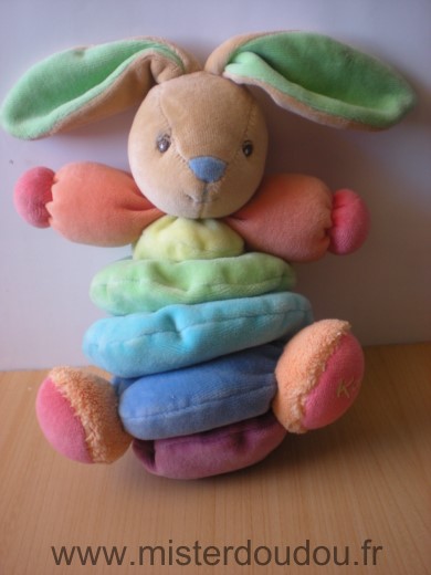 Doudou Lapin Kaloo Pyramide anneaux orange bleu vert mauve 