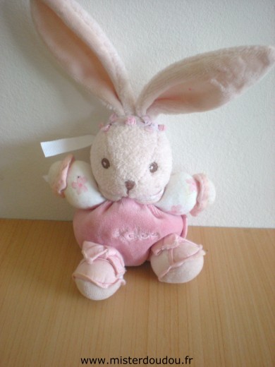 Doudou Lapin Kaloo Rose blanc motifs fleurs Mini lapin attache sucette