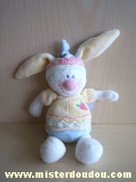 Doudou Lapin Kiabi baby Blanc jaune bleu vert avec carotte devant 