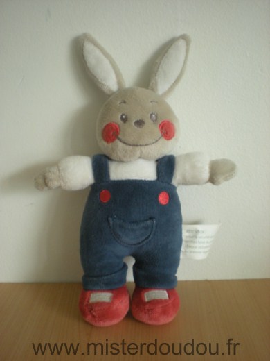 Doudou Lapin Kimbaloo Beige blanc salopette bleu 