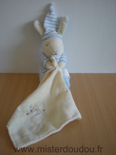 Doudou Lapin Kimbaloo Bleu ecru raye mouchoir ecru 