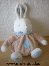 Doudou Lapin Klorane Beige bleu blanc col bleu 