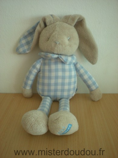 Doudou Lapin Klorane Beige carreaux bleu blanc 