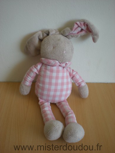 Doudou Lapin Klorane Beige carreaux roses blanc 