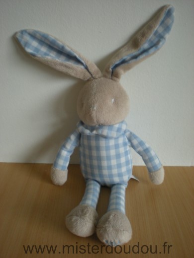 Doudou Lapin Klorane Beige carreaux vichy bleu blanc 