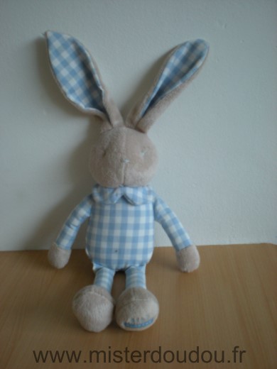 Doudou Lapin Klorane Beige carreaux vichy bleu blanc 