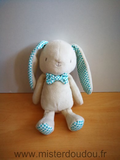 Doudou Lapin Klorane Beige oreilles carreaux bleus 