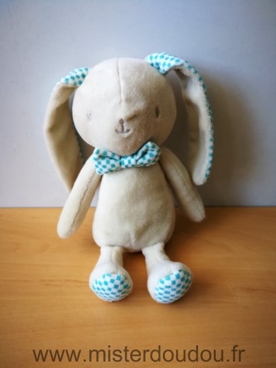 Doudou Lapin Klorane Beige oreilles vichy bleue 