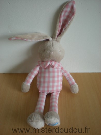 Doudou Lapin Klorane Beige tissus carreaux rose blanc 