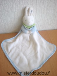 Doudou Lapin Klorane Blanc bleu col vert mouchoir blanc 