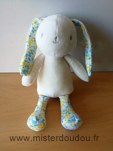 Doudou Lapin Klorane Blanc bleu jaune 