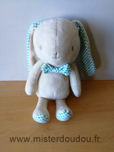 Doudou Lapin Klorane Blanc carreaux bleu 