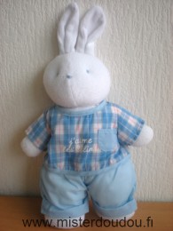 Doudou Lapin Klorane Blanc en tissus eponge  habit bleu j aime les calins 