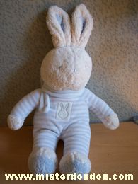 Doudou Lapin Klorane Blanc rayé bleu écharpe bleue 