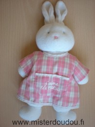 Doudou Lapin Klorane Blanc robe carreaux roses j aime les calins 