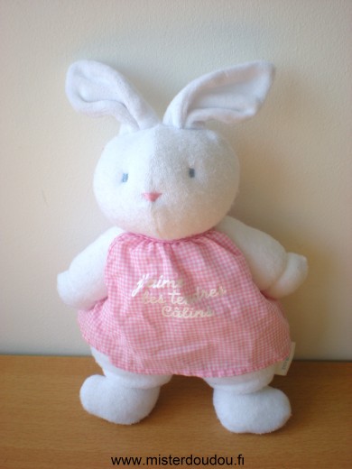 Doudou Lapin Klorane Blanc robe vichy rose j aime les tendres calins Tissus un peu bouloché