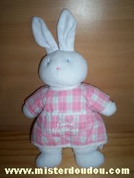 Doudou Lapin Klorane Blanc rose Inscription sur tablier carreaux rose : 