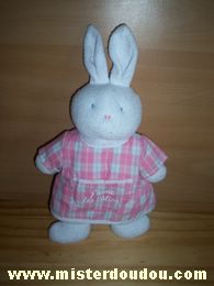 Doudou Lapin Klorane Blanc rose Inscription sur tablier rose carreaux  j aime les calins