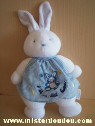 Doudou Lapin Klorane Blanc rose carreaux bleus Inscription sur la robe : je suis un bébé heureux