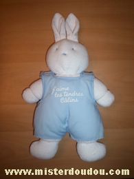 Doudou Lapin Klorane Blanc salopette bleue J aime les tendres calins