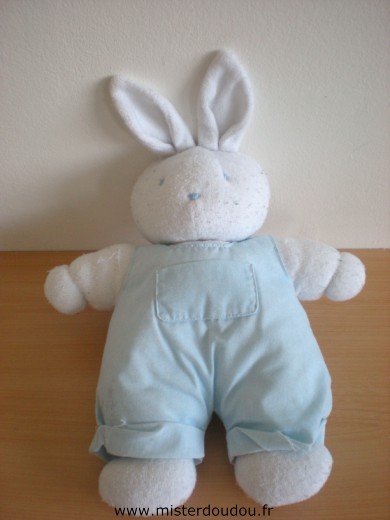 Doudou Lapin Klorane Blanc salopette bleue Tissus bouloché