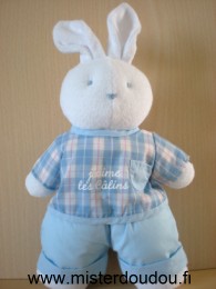 Doudou Lapin Klorane Blanc tablier bleu j aime les calins 