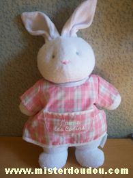 Doudou Lapin Klorane Blanc tablier carreaux roses Ecrit  j aime les calins sur la poche de devant

un peu bouloche