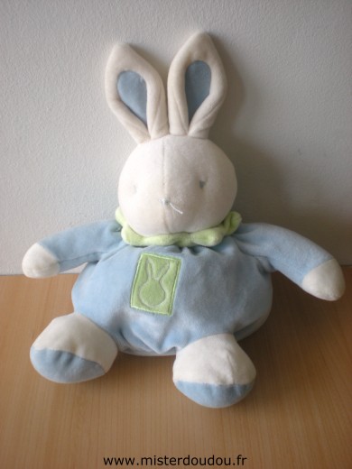 Doudou Lapin Klorane Bleu blanc col vert 