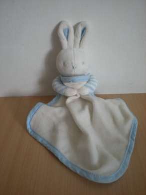 Doudou Lapin Klorane Bleu blanc mouchoir blanc 