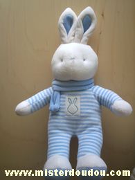 Doudou Lapin Klorane Bleu blanc rayé echarpe bleue Modèle tout en velour