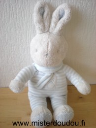 Doudou Lapin Klorane Bleu blanc rayé echarpe bleue 