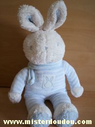 Doudou Lapin Klorane Bleu blanc rayé écharpe bleue 