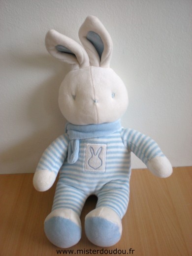 Doudou Lapin Klorane Bleu blanc rayé écharpe bleue Tout en velours