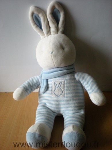 Doudou Lapin Klorane Bleu blanc raye en velours 