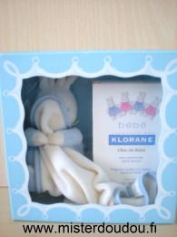 Doudou Lapin Klorane Bleu mouchoir blanc Coffret doudou lapin + flacon parfum l'eau de bébé