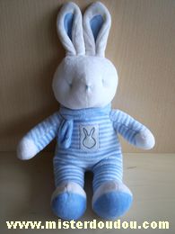 Doudou Lapin Klorane Bleu rayé blanc écharpe bleue 