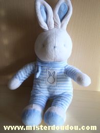 Doudou Lapin Klorane Bleu rayé blanc echarpe bleue Tout en velour