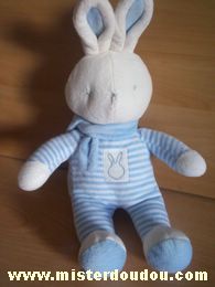 Doudou Lapin Klorane Bleu rayé blanc écharpe bleue Entièrement en velour