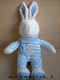 Doudou Lapin Klorane Entierement en velour rayé rose bleu écharpe bleue Une petite trace derrière la tête