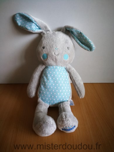 Doudou Lapin Klorane Gris bleu ronds blanc 