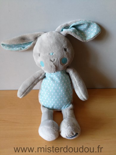 Doudou Lapin Klorane Gris bleu ronds blanc 