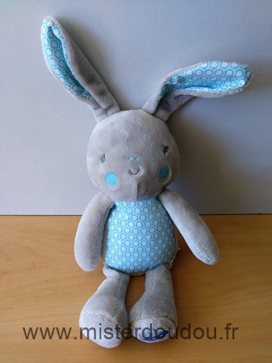 Doudou Lapin Klorane Gris bleu ronds blanc 