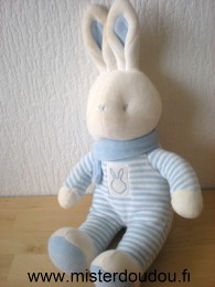 Doudou Lapin Klorane Rayé blanc bleu écharpe bleue Une tache sur l'oreille