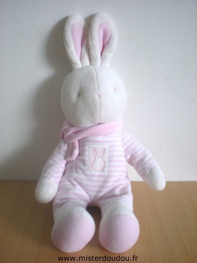 Doudou Lapin Klorane Rayé blanc rose Tout en velours