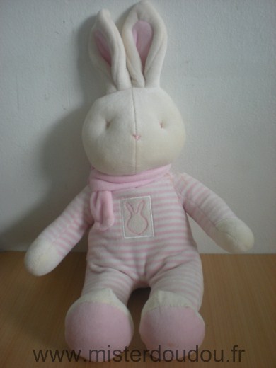 Doudou Lapin Klorane Rayé blanc rose Tout en velours