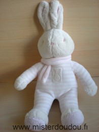 Doudou Lapin Klorane Rayé blanc rose écharpe rose 