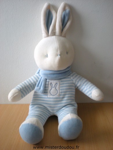 Doudou Lapin Klorane Rayé bleu blanc Tout en velours